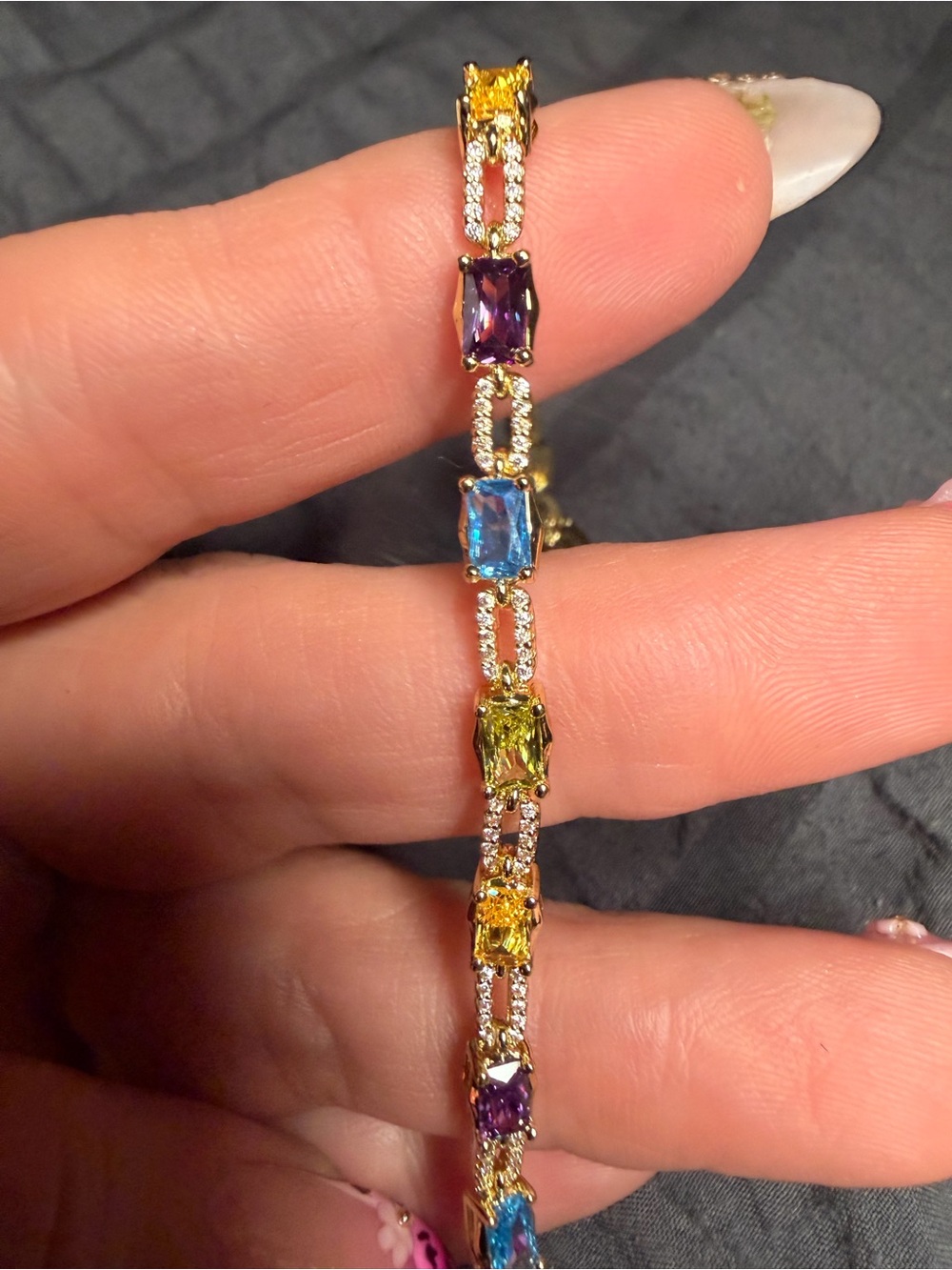 Rainbow Emerald Cut Tennis Bracelet Gold Filled Multicolor CZ 7.5”